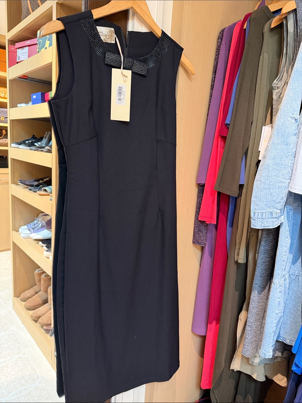 Classic Black Sleeveless Sheath Dress with Embellished Collar
